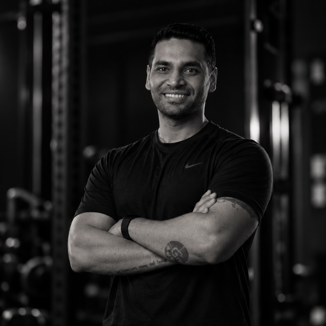 Advait standing in the gym with arms crossed, smiling
